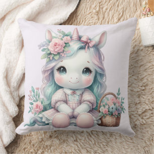 Coussin Poupée Licorne Kawaii Pastel avec Panier de Fleurs
