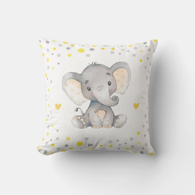 Coussin Pouponnière de Baby shower à éléphant gris jaune (Recto)