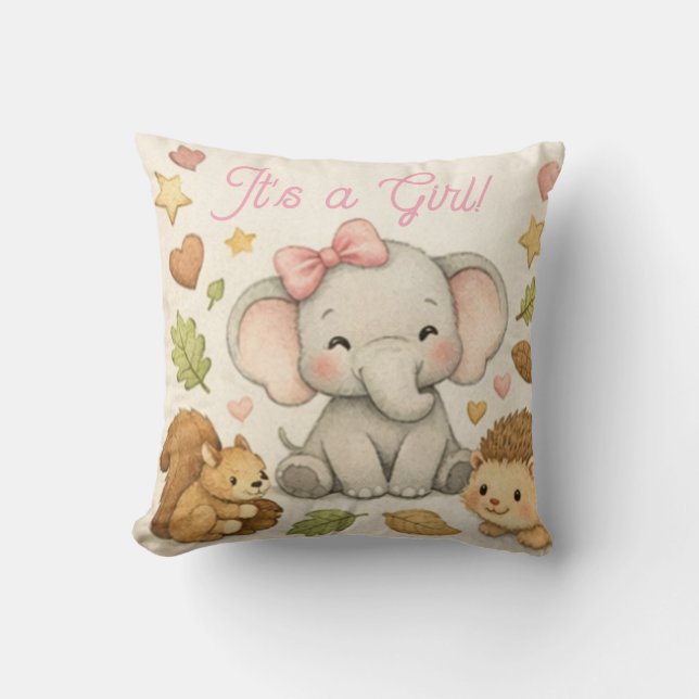 Coussin pour Baby Shower Éléphant Fille | C'est un (Recto)