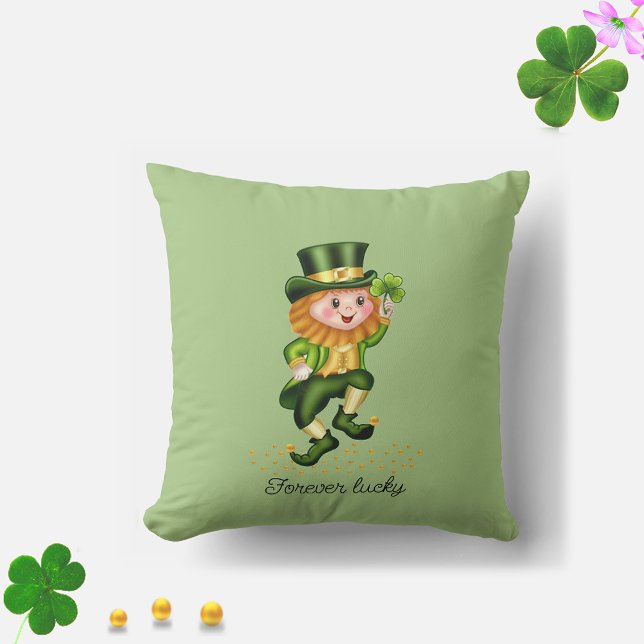 Coussin Pour toujours Lucky Green Gnome & Clover sur Light (Créateur téléchargé)