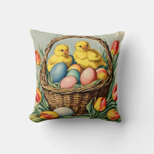 Coussin Poussins de Pâques vintages avec tulipes