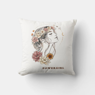 Coussin Powergirl – Femme Florale, Force & Amour de Soi