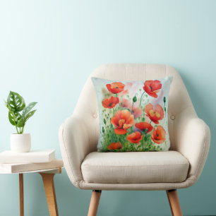 Coussin Prairie de coquelicots, aquarelle -