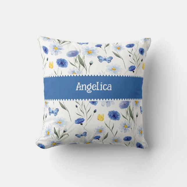 Coussin Prairie de Fleurs Sauvages Aquarelle Bleue Nom (Recto)