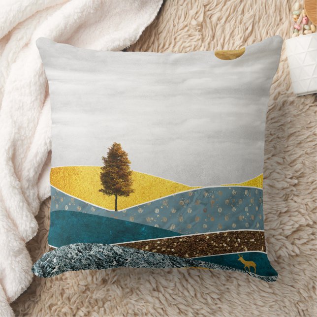 Coussin Prairie dorée avec arbre et cerf (Couverture)
