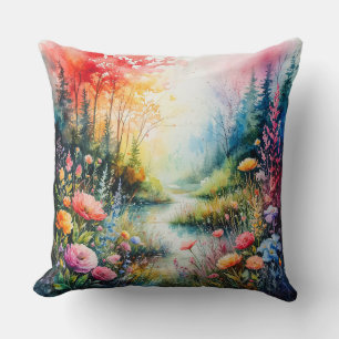 Coussin prairie fleurie colorée avec un flux serein