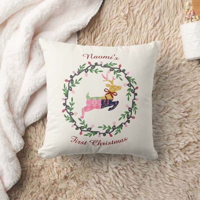 Coussin Premier cerf de Noël avec couronne personnalisable (Couverture)