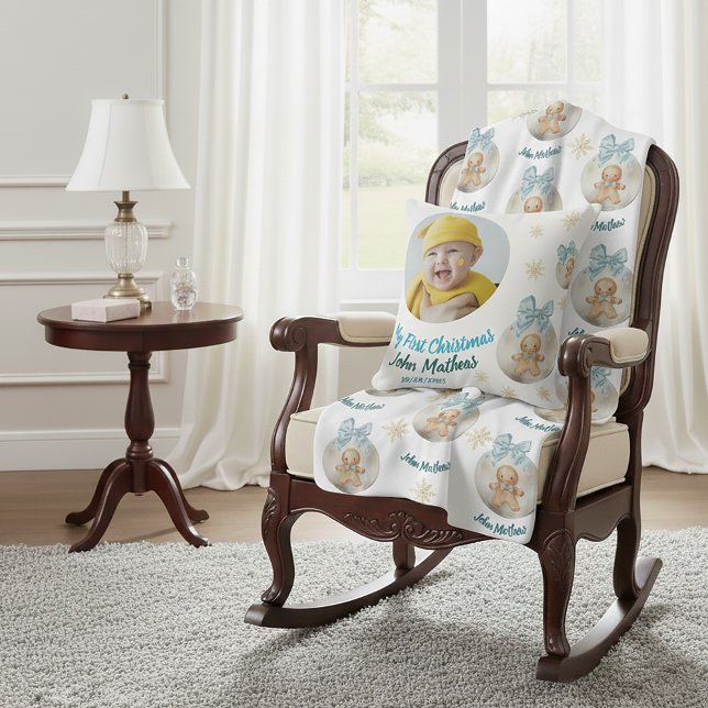 Coussin Premier Noël de bébé garçon Gingerbread Photo & No (Créateur téléchargé)