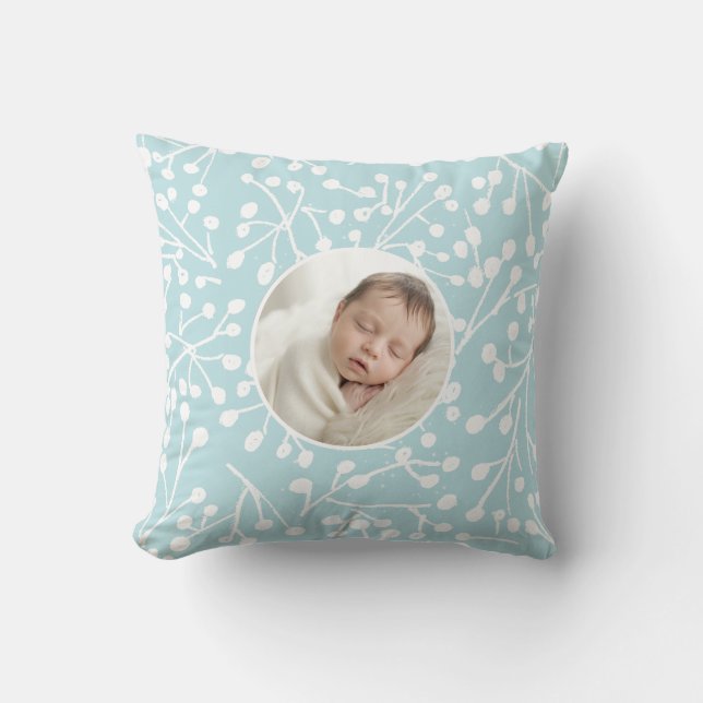 Coussin Premier Noël de bébé Hiver Botanique Minimal Bleu (Recto)