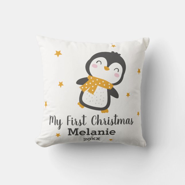 Coussin Premier Noël du bébé Pingouin mignon sur blanc (Recto)