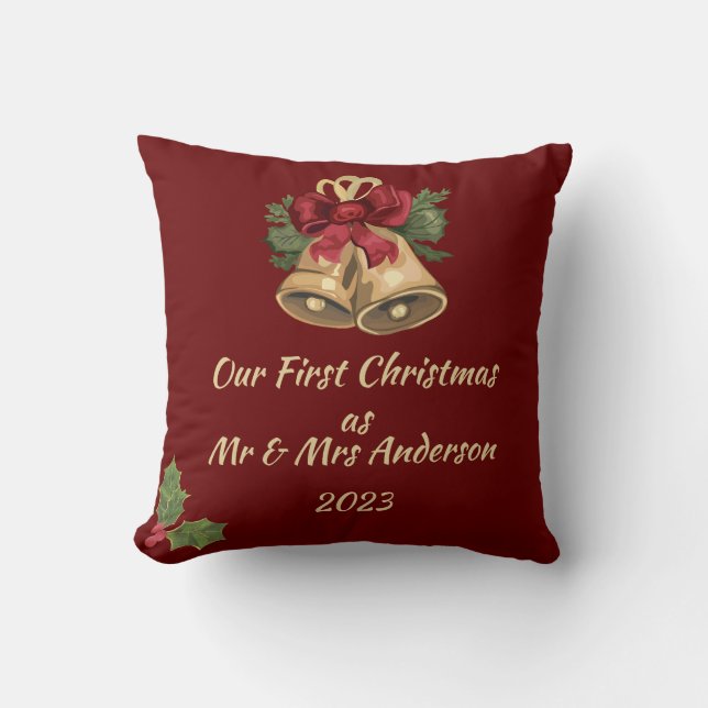 Coussin Premier Noël en tant que M. et Mme noms et date mo (Recto)