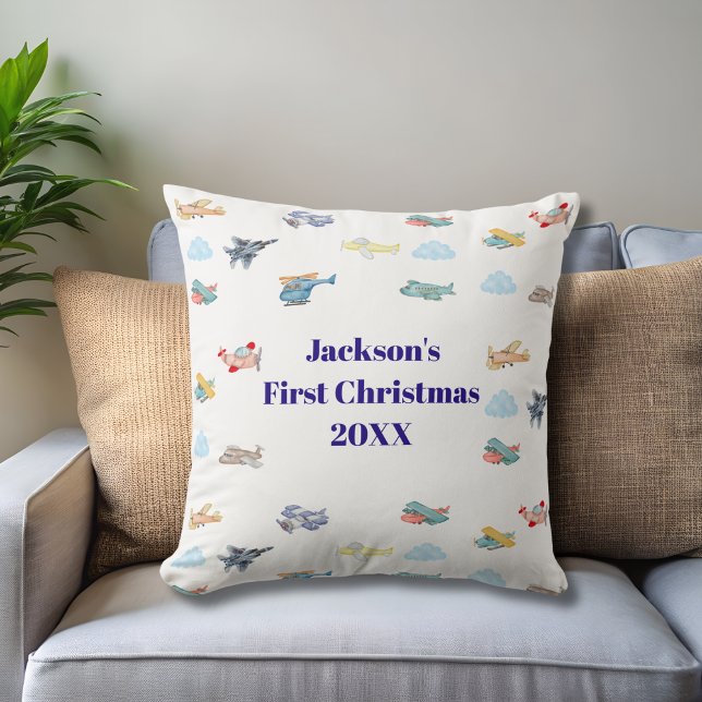 Coussin Premier Noël garçon aquarelle Avions Nuages (Créateur téléchargé)