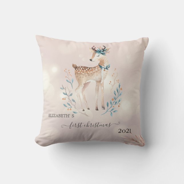 Coussin Premier Noël, Joyeux Cerf des Fêtes (Recto)