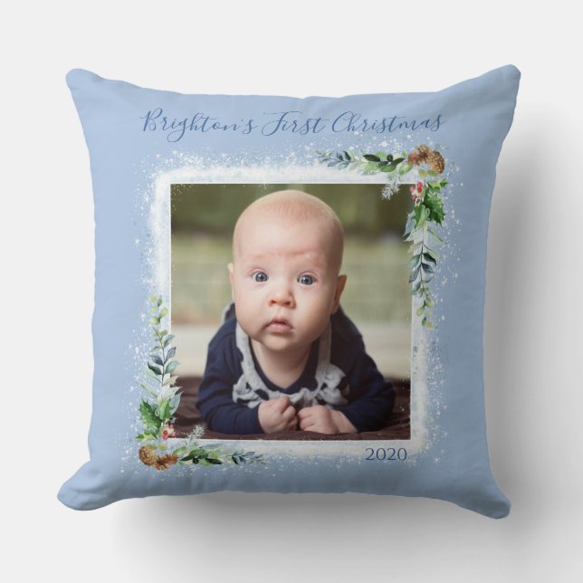 Coussin Premier nom de la photo de Noël du bébé Date des f (Recto)