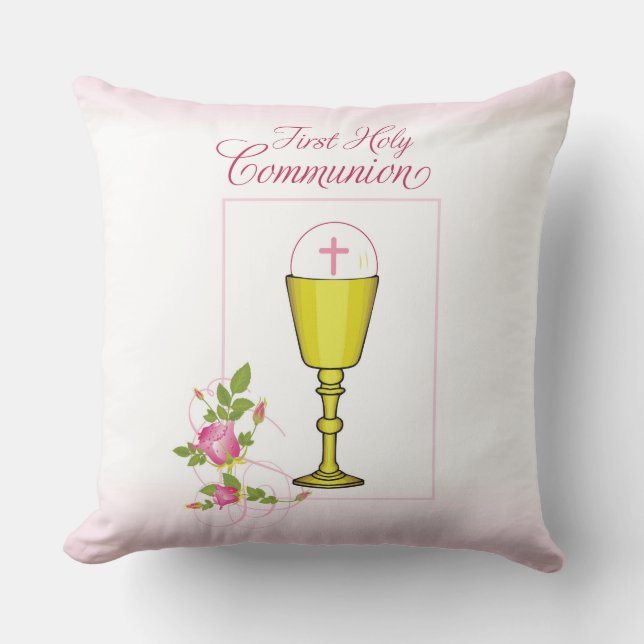 Coussin Première communion personnalisée fille rose (Recto)