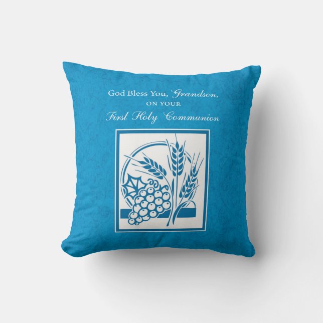 Coussin Première communion petit-fils Bleu, Blé, Raisins (Recto)