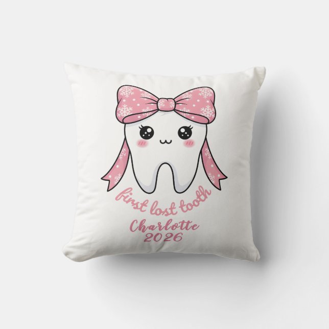 Coussin Première Dent de Bébé Ruban Rose Kawaii (Recto)