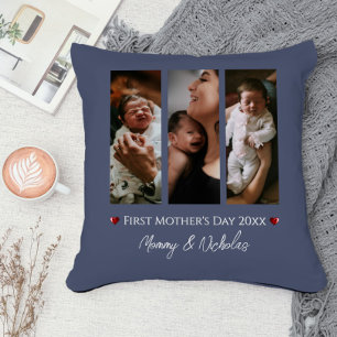 Coussin Première fête des mères Trois photos Collage bleu