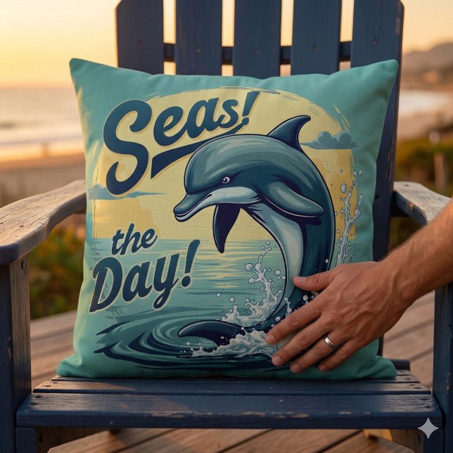 Coussin Prenez la mer Rétro dauphin esthétique océanique (Seas the Day Retro Dolphin Ocean Aesthetic Throw Pillow Mockup D)