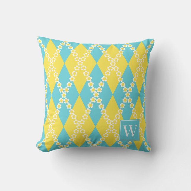 Coussin Prépa Daisy Argyle – Monogramme Jaune & Turquoise (Recto)