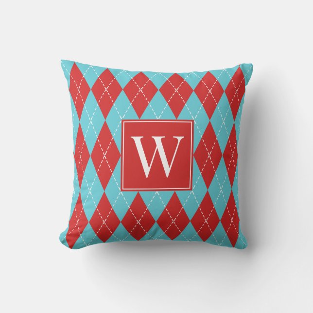 Coussin Préparation Argyle Brodé Main – Rouge & Turquoise (Recto)