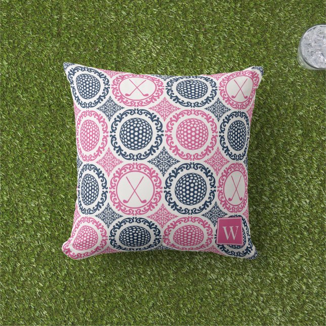 Coussin Preppy Golf Damask - Balls & Clubs Navy & Hot Pink (Herbe)
