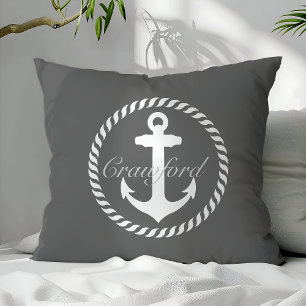 Coussin Preppy gris foncé et blanc Ancre nautique Monogram