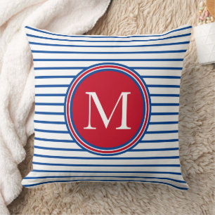 Coussin Preppy Nautical Rouge blanc et bleu rayure Monogra