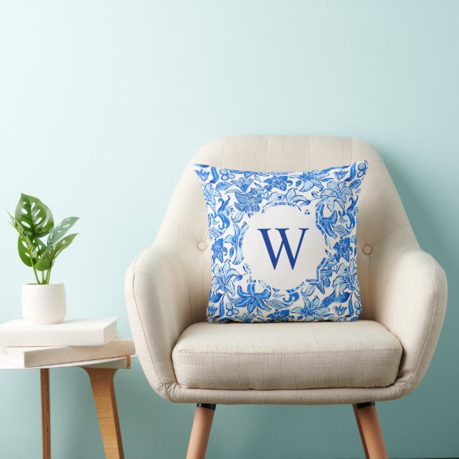 Coussin Preppy Palm Beach Imprimer Fleurs Bleues Monogramm (Chaise)