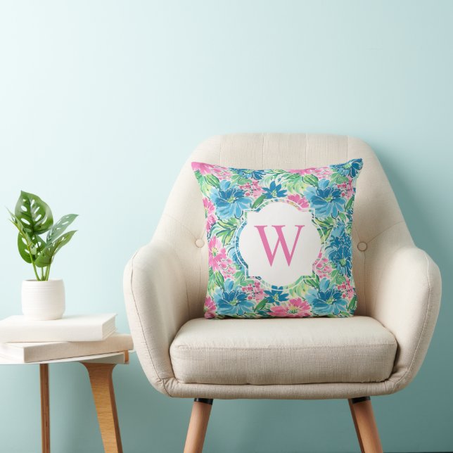 Coussin Prêppy Palm Beach Imprimer rose bleu Fleurs Monogr (Chaise)