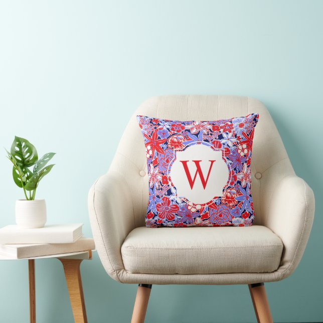 Coussin Preppy Palm Beach Rouge Blanc Bleu Fleurs Monogram (Chaise)