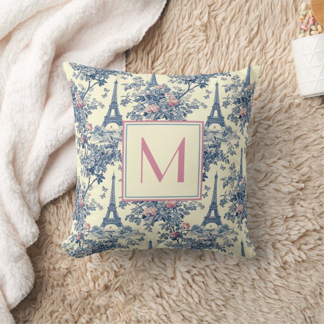 Coussin Preppy Paris Toile rose et bleu Monogramme (Couverture)