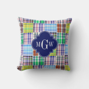 Coussin Preppy Patchwork Madras Navy Quatrefoil Monogramme