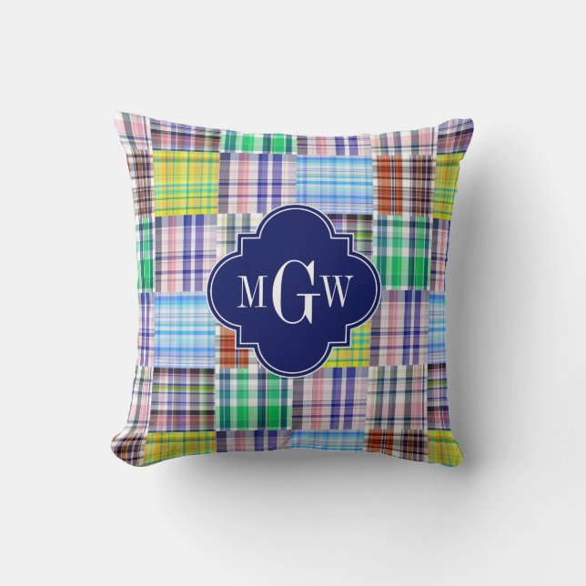 Coussin Preppy Patchwork Madras Navy Quatrefoil Monogramme (Recto)