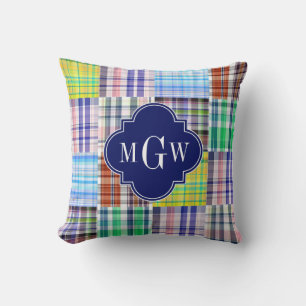 Coussin Preppy Patchwork Madras Navy Quatrefoil Monogramme