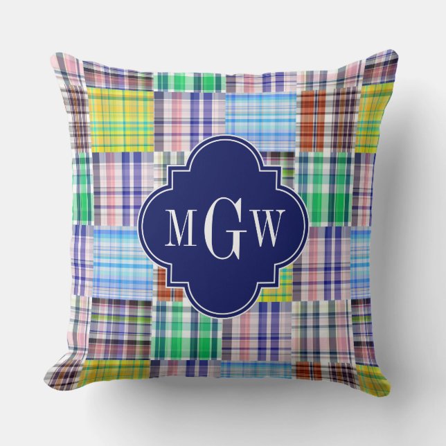 Coussin Preppy Patchwork Madras Navy Quatrefoil Monogramme (Recto)