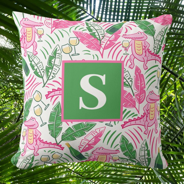 Coussin Préppy Rose Crocodile Monogrammé / Feuilles de Pal (Créateur téléchargé)