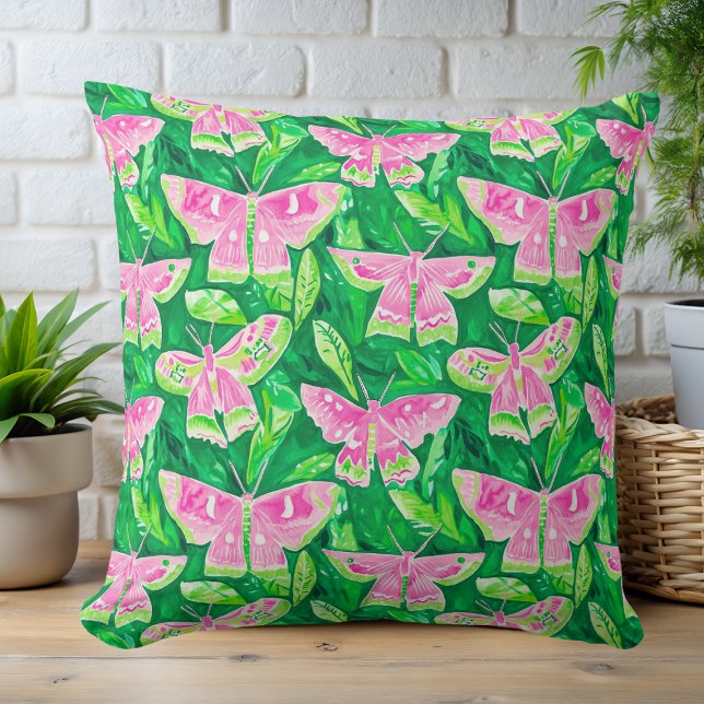 Coussin Préppy rose et vert Moth Printemps été (Créateur téléchargé)