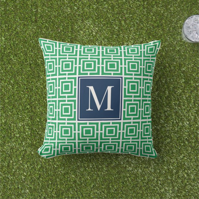 Coussin Preppy Square Lattice Monogram – Green & Navy (Herbe)
