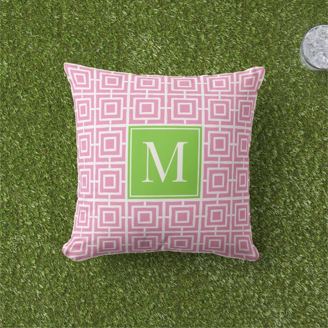 Coussin Preppy Square Lattice Monogram – Pink & Lime (Herbe)
