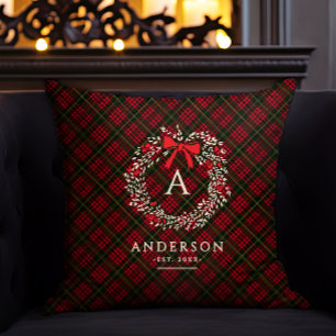Coussin Preppy Tartan Holiday Wreath Monogramme & Nom