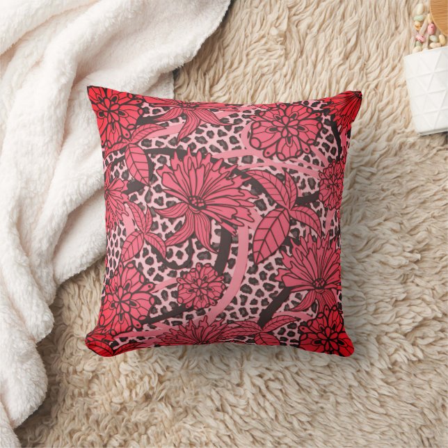 Coussin Pretty Pink Black Floral Leopard Print Pattern (Couverture)