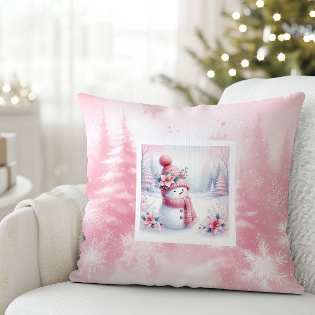 Coussin Pretty Pink Snowman Winter Scene Kids Room Pillow (Pretty Pink Snowman Winter Scene Kids Room Pillow)