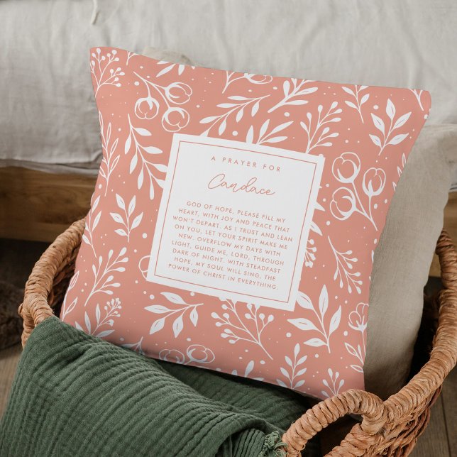 Coussin Prière Keepsaké Cadeau Écriture Pêcher Floral (Custom Christian pillow with your name & editable prayer poem design.)
