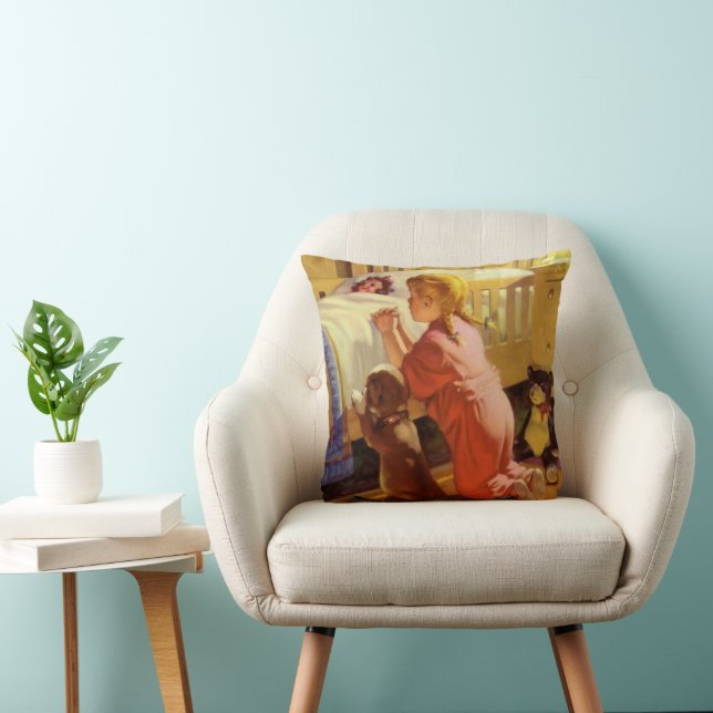 Coussin Prières du coucher, fille avec chiot, religion vin (Chaise)