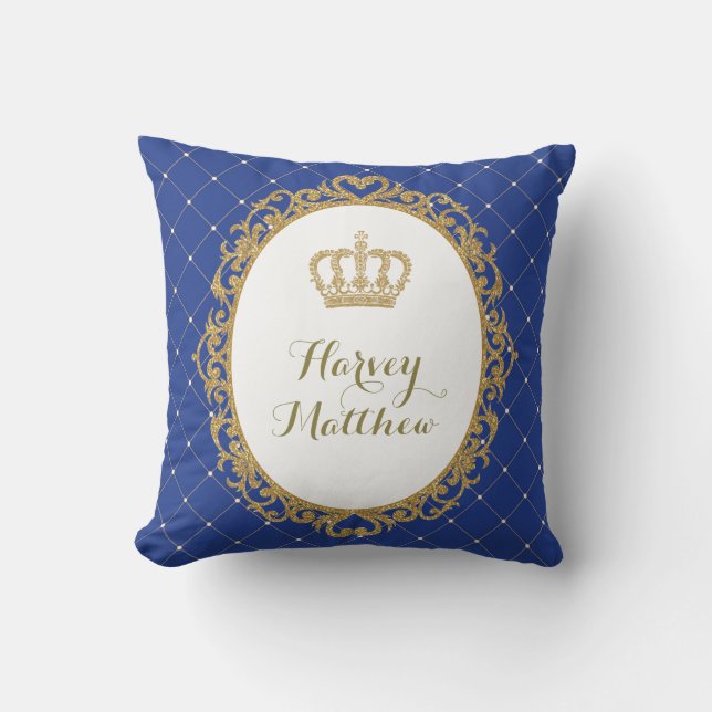 Coussin Prince Nursery Decor Pillow d'or de bleu royal (Recto)