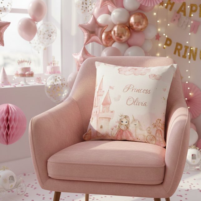 Coussin Princess Pink Castle Unicorn Birthday Party  (Créateur téléchargé)