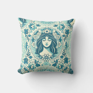 Coussin Princesse Bleu Vert avec Fleurs