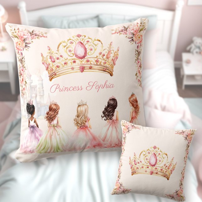 Coussin Princesse Couronne rose or Floral Nom de la fille (Princess Crown Pink Gold Floral Girl Name Throw Pillow)