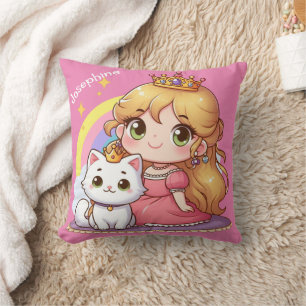 Coussin princesse mignonne personnalisable avec chat blanc